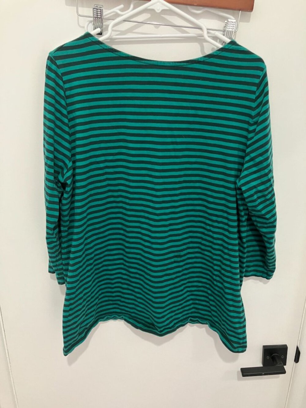 Denim & Co. Green Navy Striped Knit Top Tunic 3/4 Sleeve Wide Neck Size Large